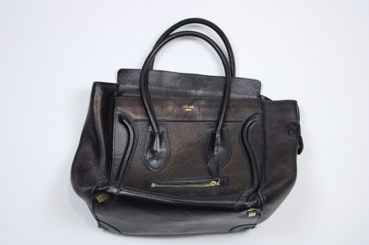 Celine Luggage Black Solid Leather Pebbled Double Handle Zip Pocket Bag
