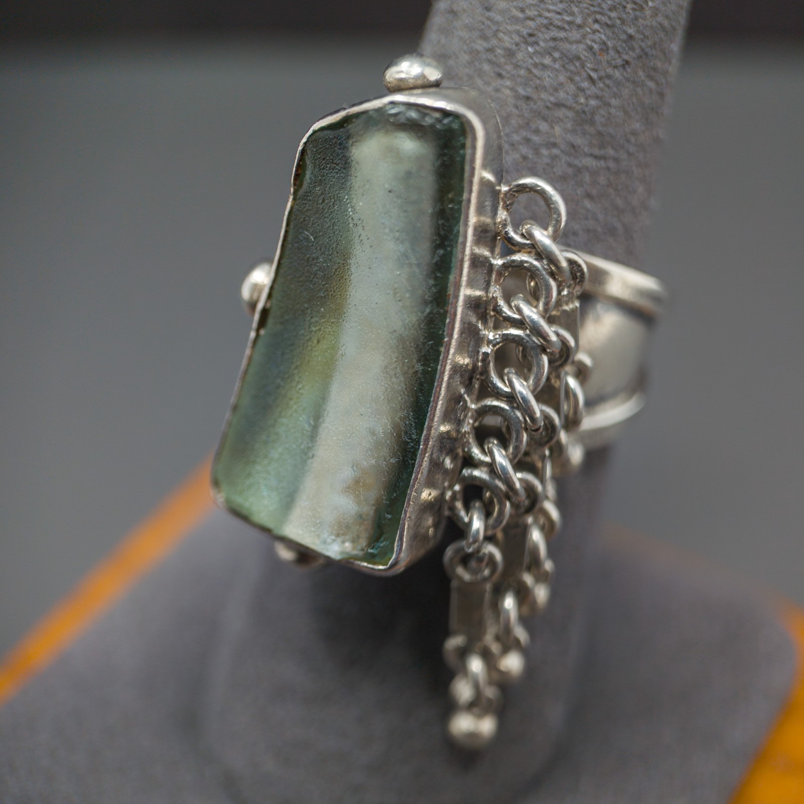 Israeli 925 Silver Sea Glass Modernist Ring w/ Fringe, Sz 8