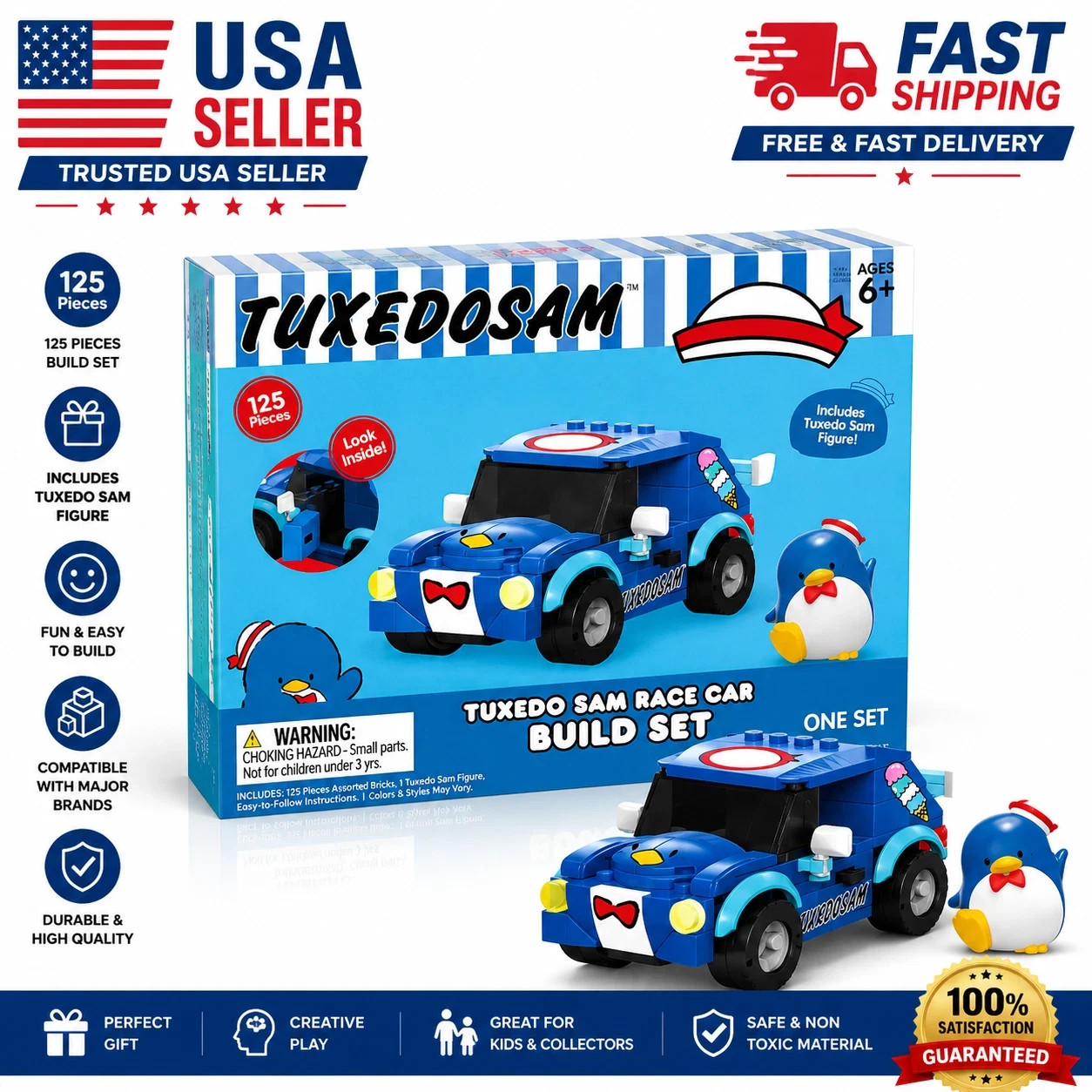Sanrio Hello Kitty Tuxedo Sam Race Car Building Block Set 125PCS Figure Toy BNWT