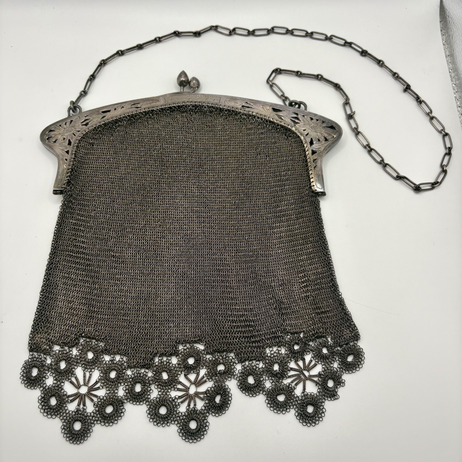 Rare Find Antique Edwardian Silver Mesh Evening Handbag with Decorative Designs
