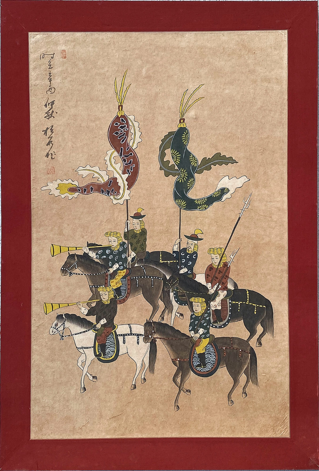 Vietnamese Hang Trong Authentic Folk Painting Cavalry Procession Hanoi Antique