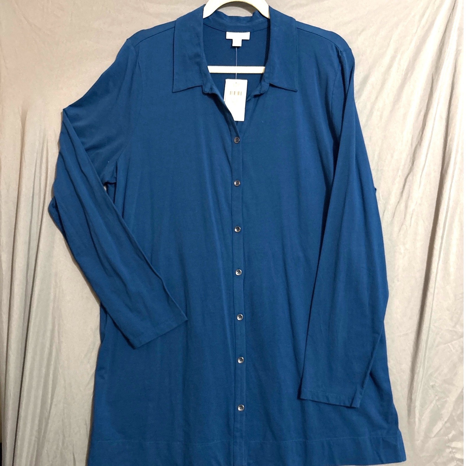 J. Jill Prussian Blue Cotton Spandex Knit Button Front Tunic Top XLT Tall