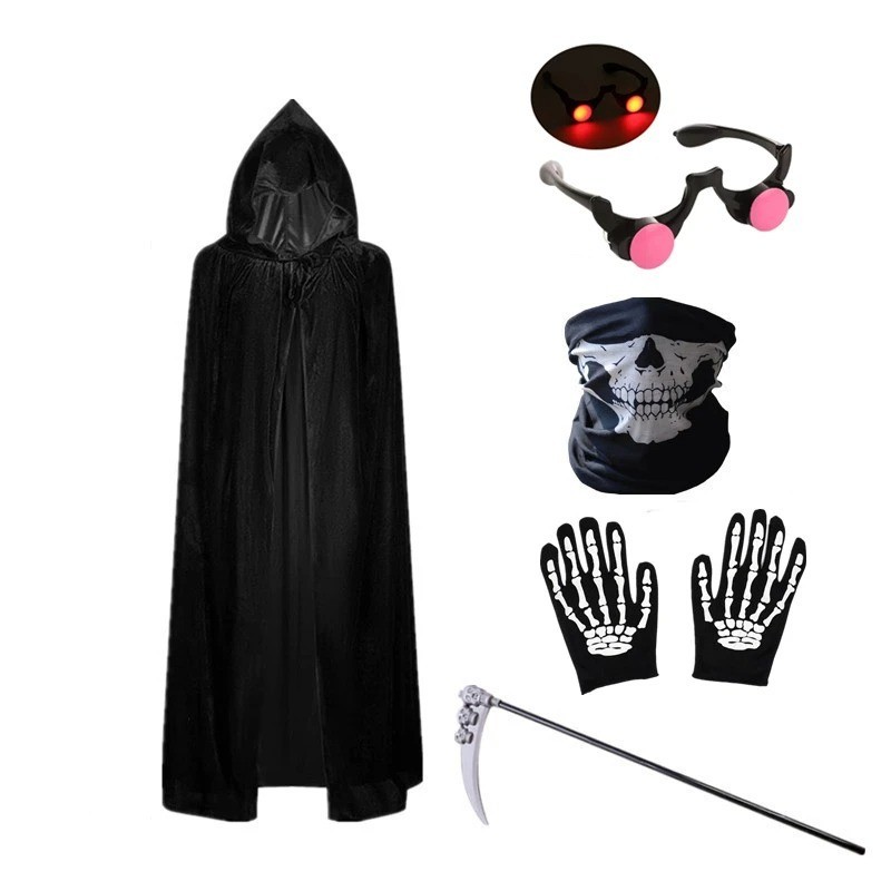 Halloween Grim Reaper Costume Scary Ghost Cosplay Props Kid Adult Size 4 Pcs Set