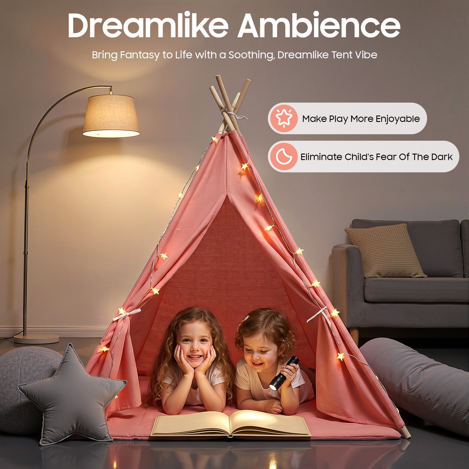 Children\'s Indoor Playhouse Play Tent With Light for 1-3 Kids Pink Tent For Kids