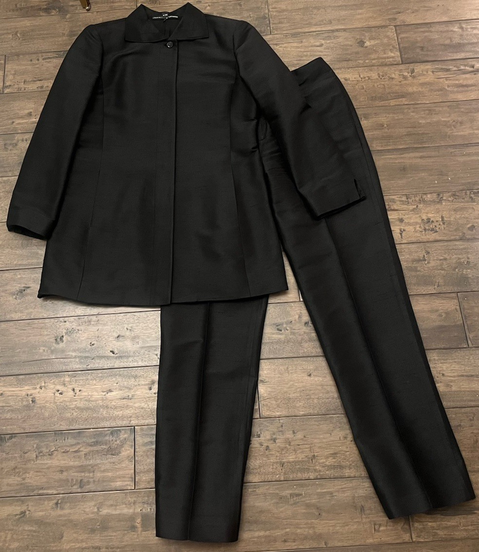Vintage Linda Allard Ellen Tracy 100% Silk 2-Piece Pant Suit Black Size 12 