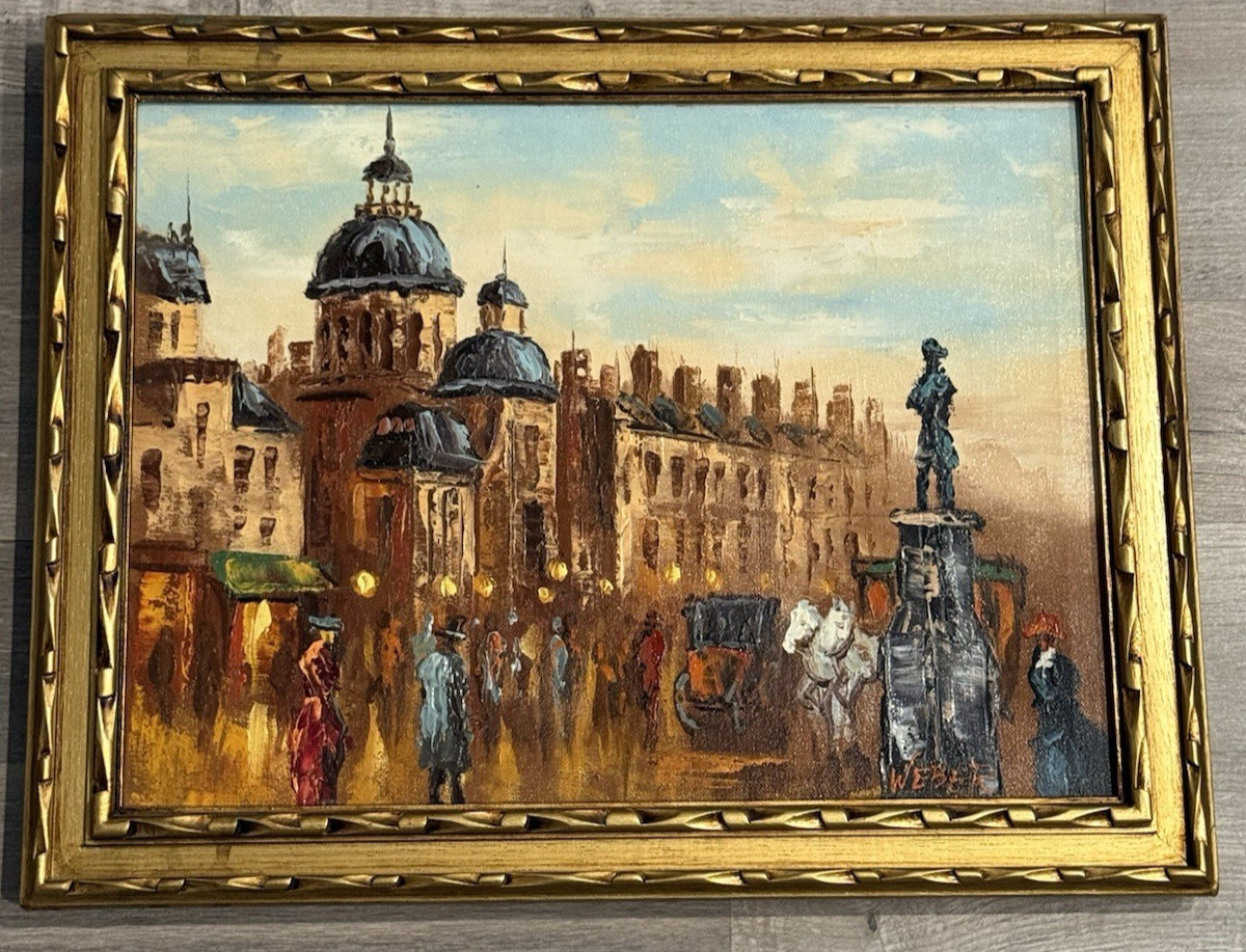 VINTAGE WEBER SIGNED EUROPEAN STREET SCENE OIL PAINTING FRAMED 12x16 VINTAGE WEBER SIGNED EUROPEAN STREET SCENE OIL PAINTING FRAMED 12x16