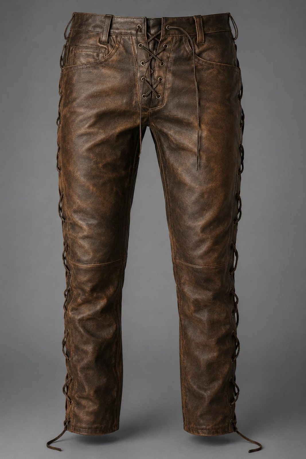 Distressed Vintage Brown Men’s Sheep Leather Side Laces Leather Biker Trousers Distressed Vintage Brown Men’s Sheep Leather Side Laces Leather Biker Trousers