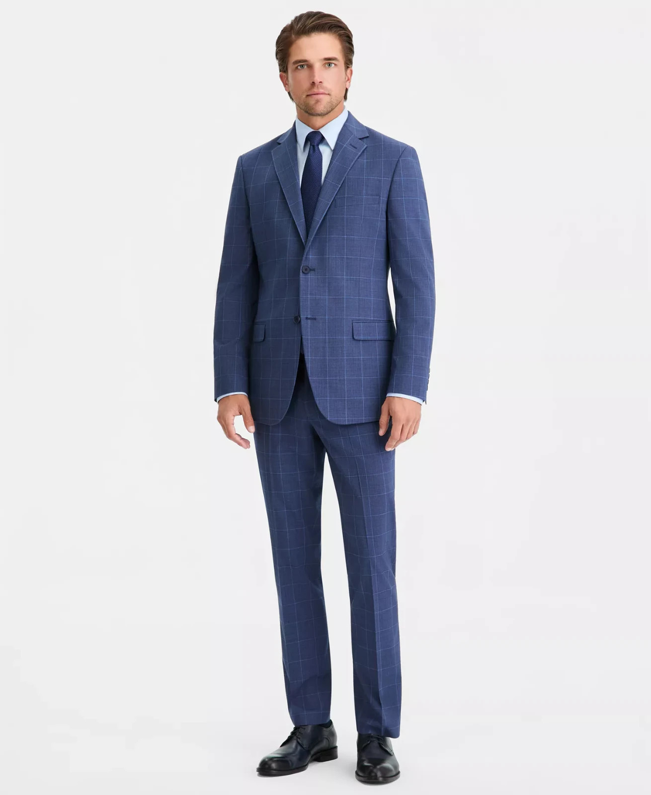 $395 DKNY Men\'s Navy Windowpane Modern Fit Nested Suit 44 R 37 x 32 zjl0726