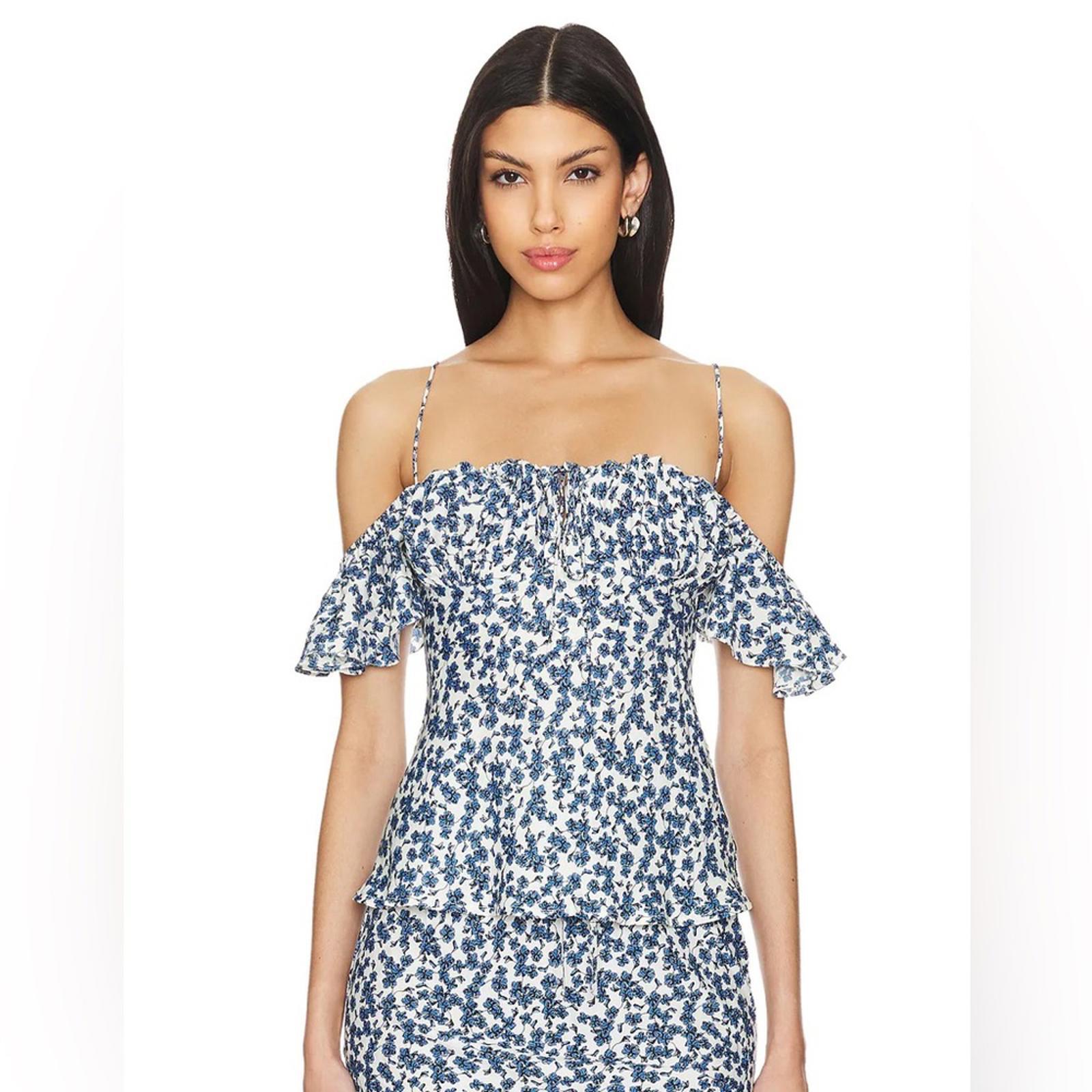Faithfull The Brand Menton Shirt In Leilani Print Blue Size 10 Floral Ruffle NEW