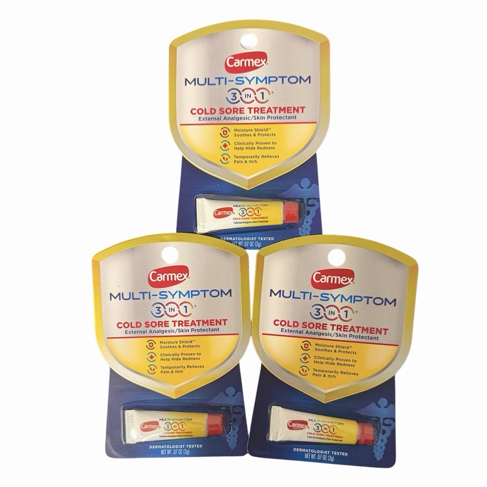 3x CARMEX Multi-Symptom 3-in-1 Cold Sore Treatment Skin 0.07oz Exp 03/27 3x CARMEX Multi-Symptom 3-in-1 Cold Sore Treatment Skin 0.07oz Exp 03/27