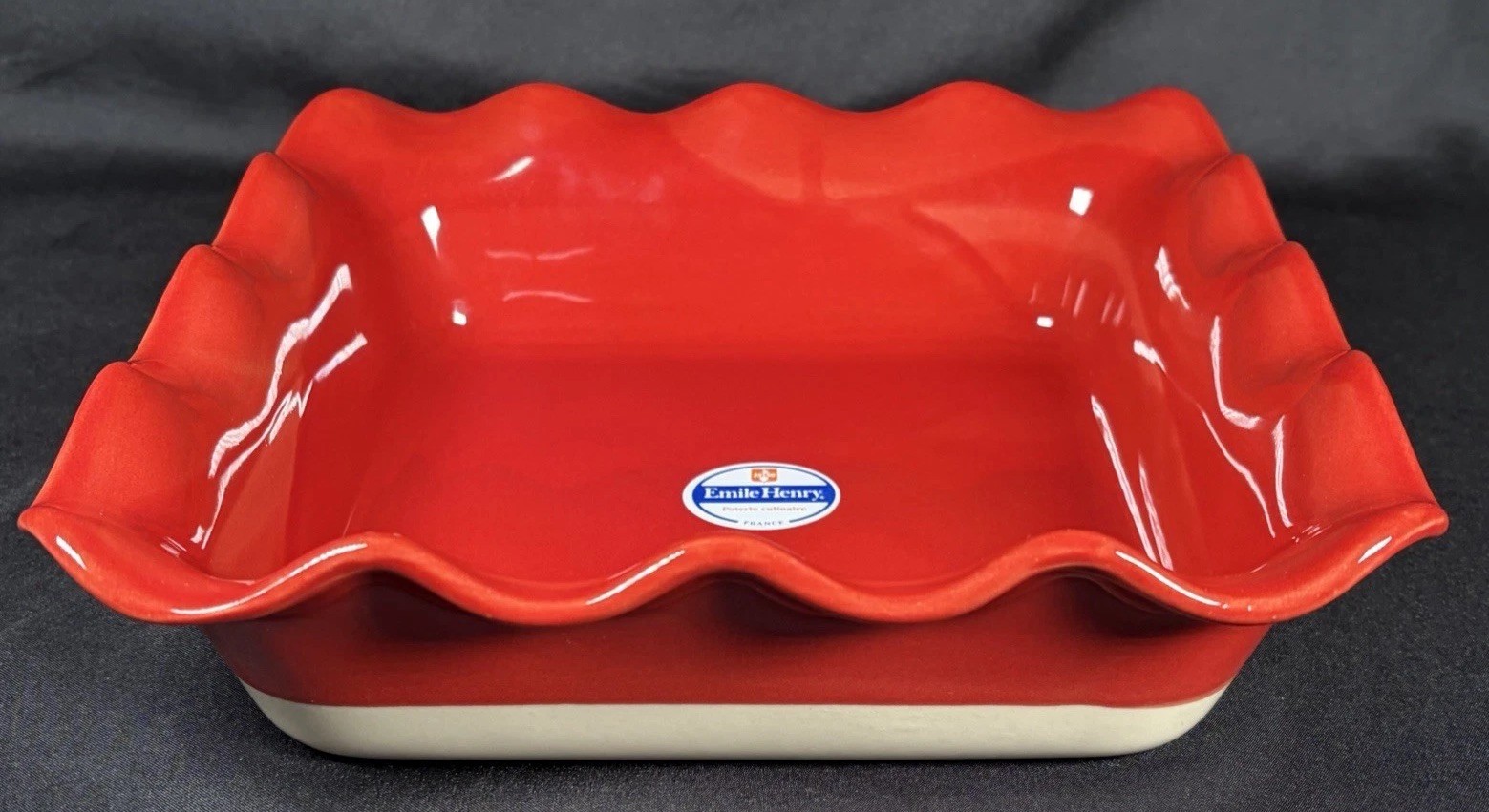 New Emile Henry Ruffled Edge 9.5” Square Red Stoneware Baker Williams Sonoma