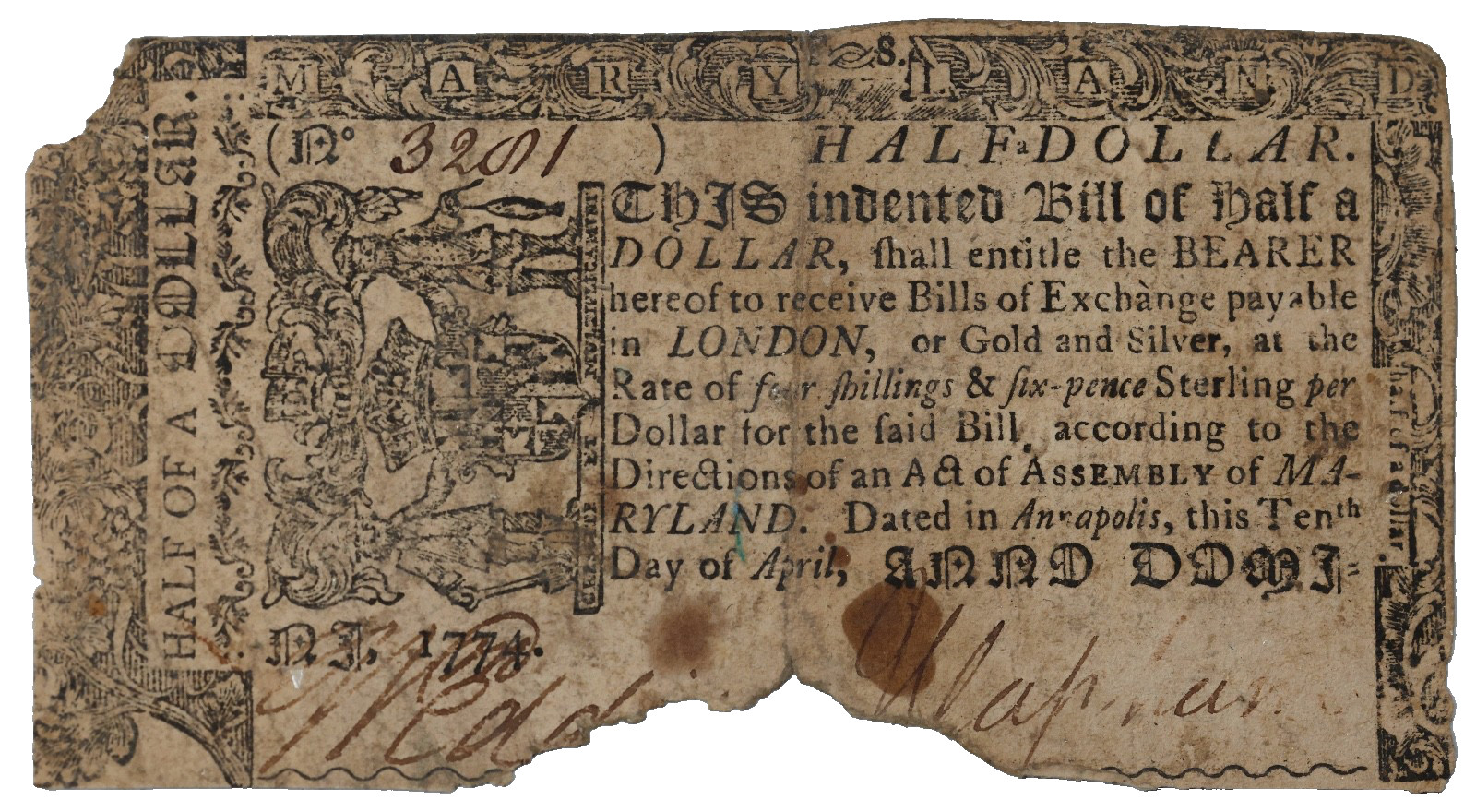 Colonial Currency Note Maryland 1774 April 10th Half Dollar $1/2 MD-64
