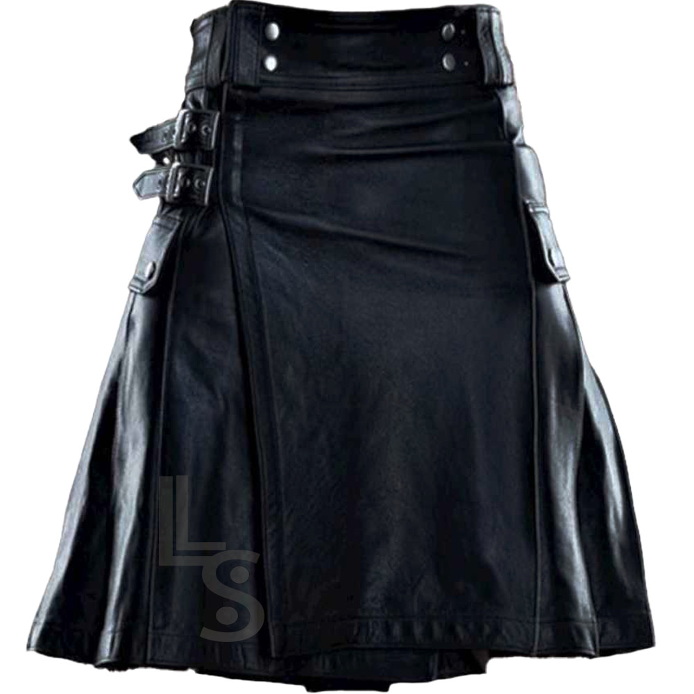 Scottish Handmade LARP Warrior Utility REAL Black Cow Leather Kilt, For Men