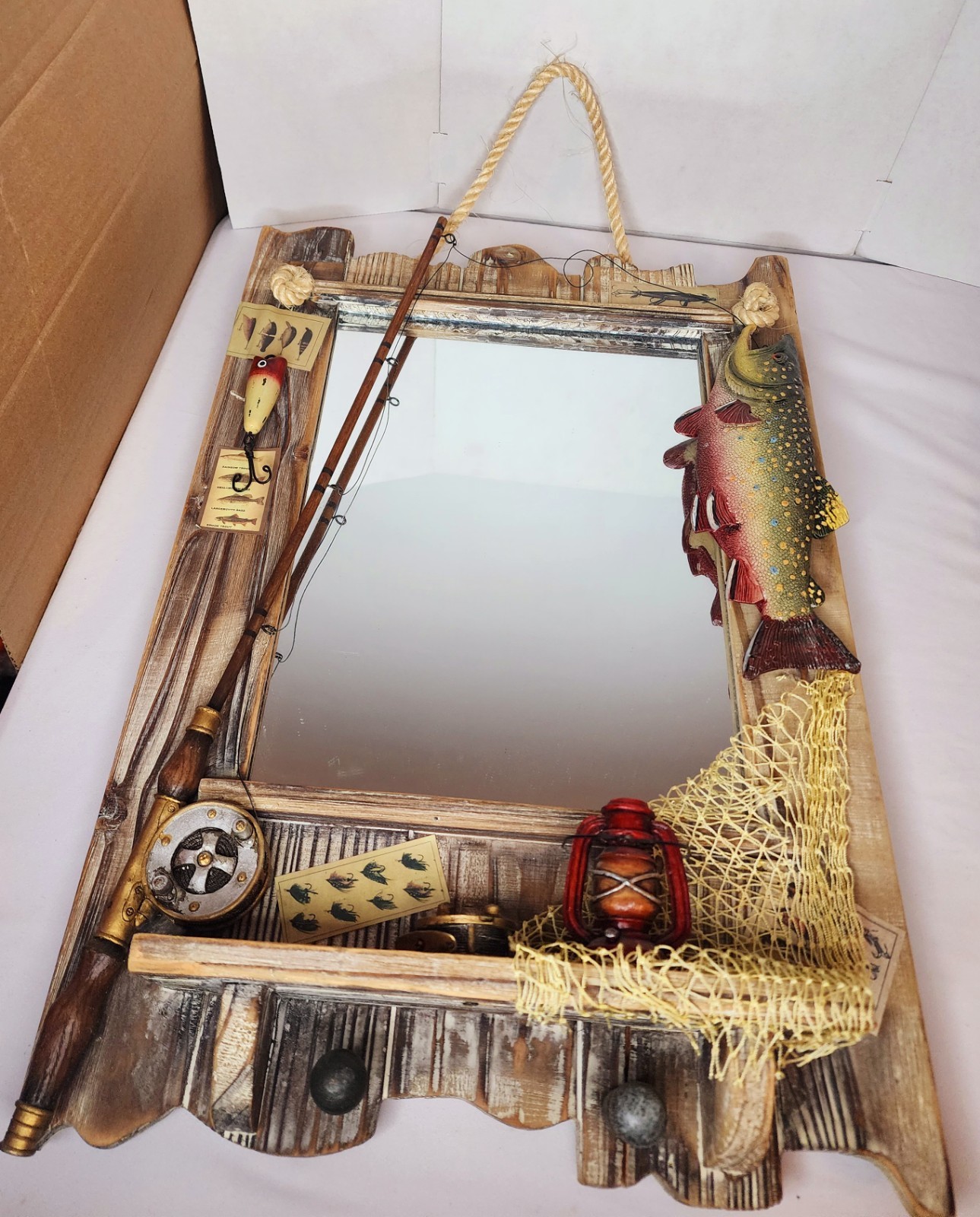 Rustic Fishing Wall Mirror Shelf Hooks Cabin Lodge Man Cave Decor Trout Bass Rod