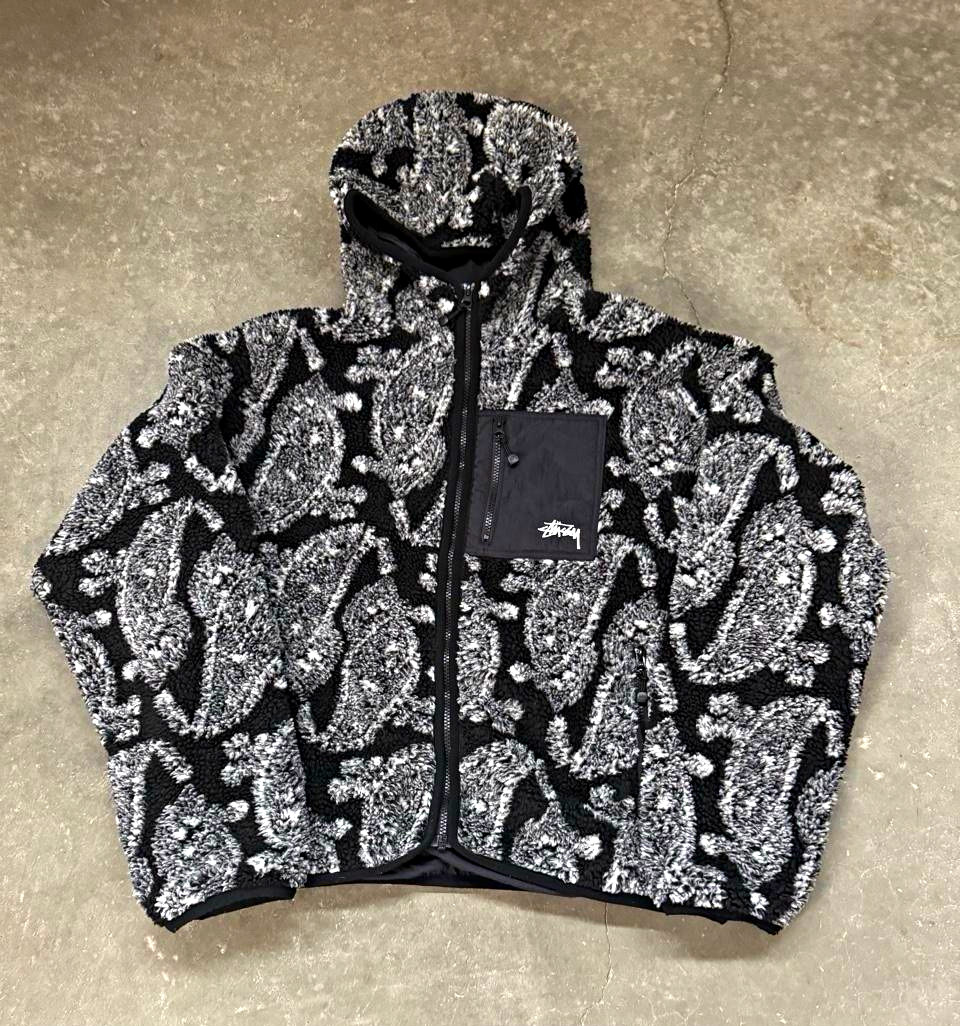 Stussy Mens Paisley Full Zip Hooded Jacket Black/White Size M SHERPA JACKET