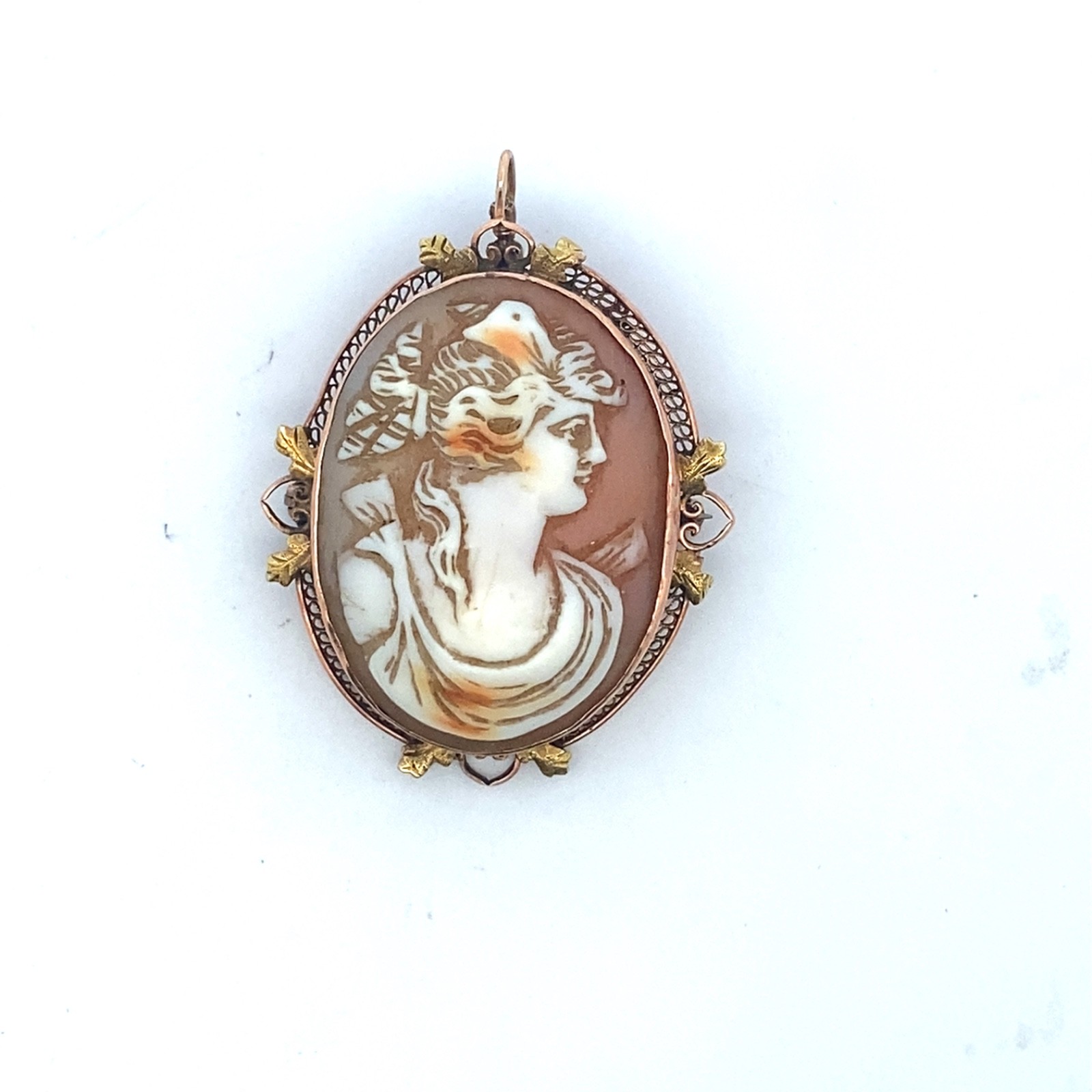 Vintage Shell Camo Pendant Brooch 10K Rose Yello Gold Portrait 10.2g