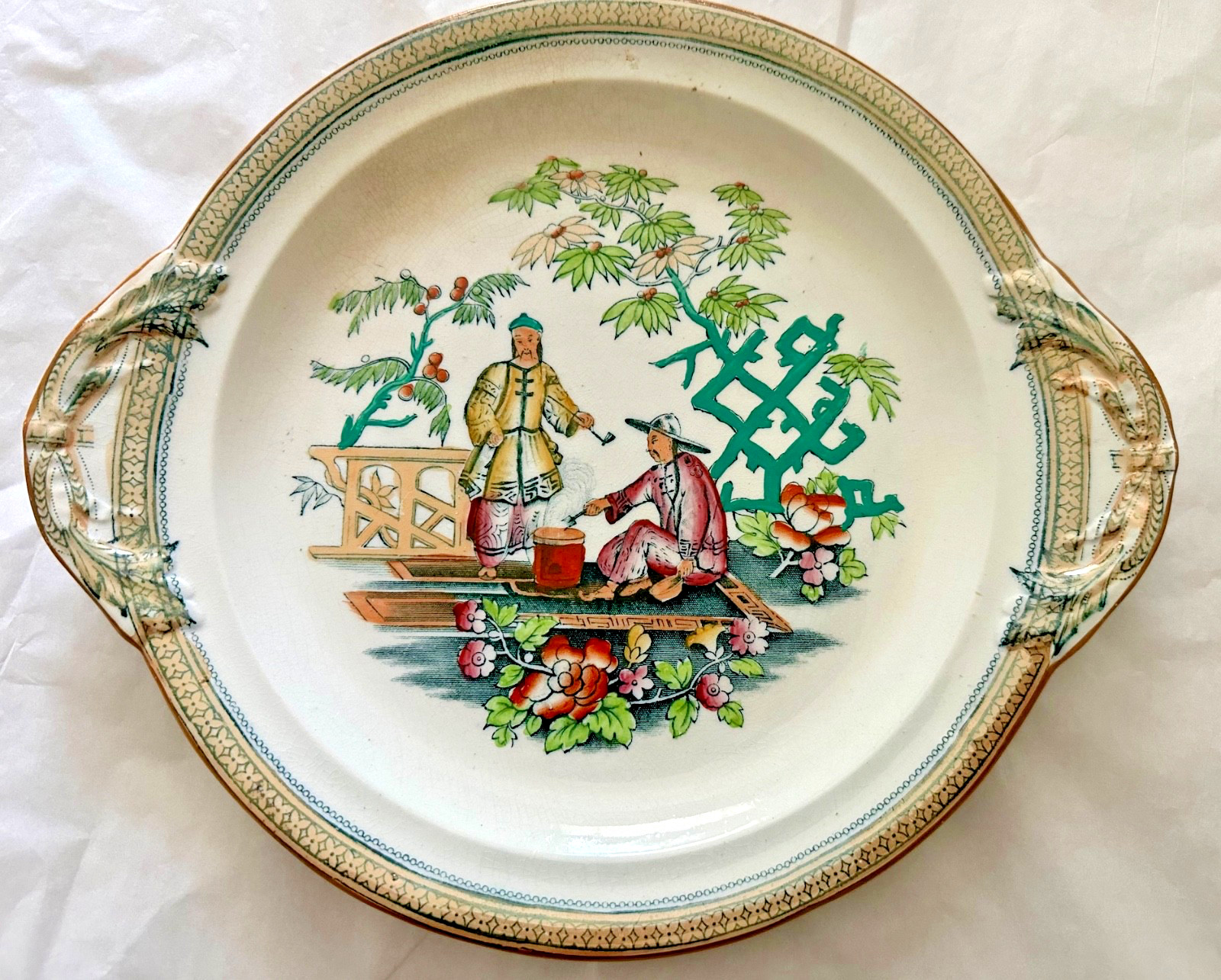 Antique B&H PEKIN Chinoiserie tansferware handled serving platter \