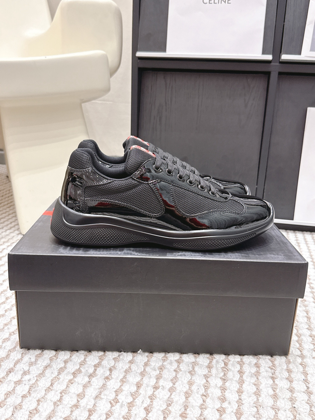 Prada America\'s Cup Linea Rossa Black Patent Mesh Men Low Top Sneakers Prada America\'s Cup Linea Rossa Black Patent Mesh Men Low Top Sneakers