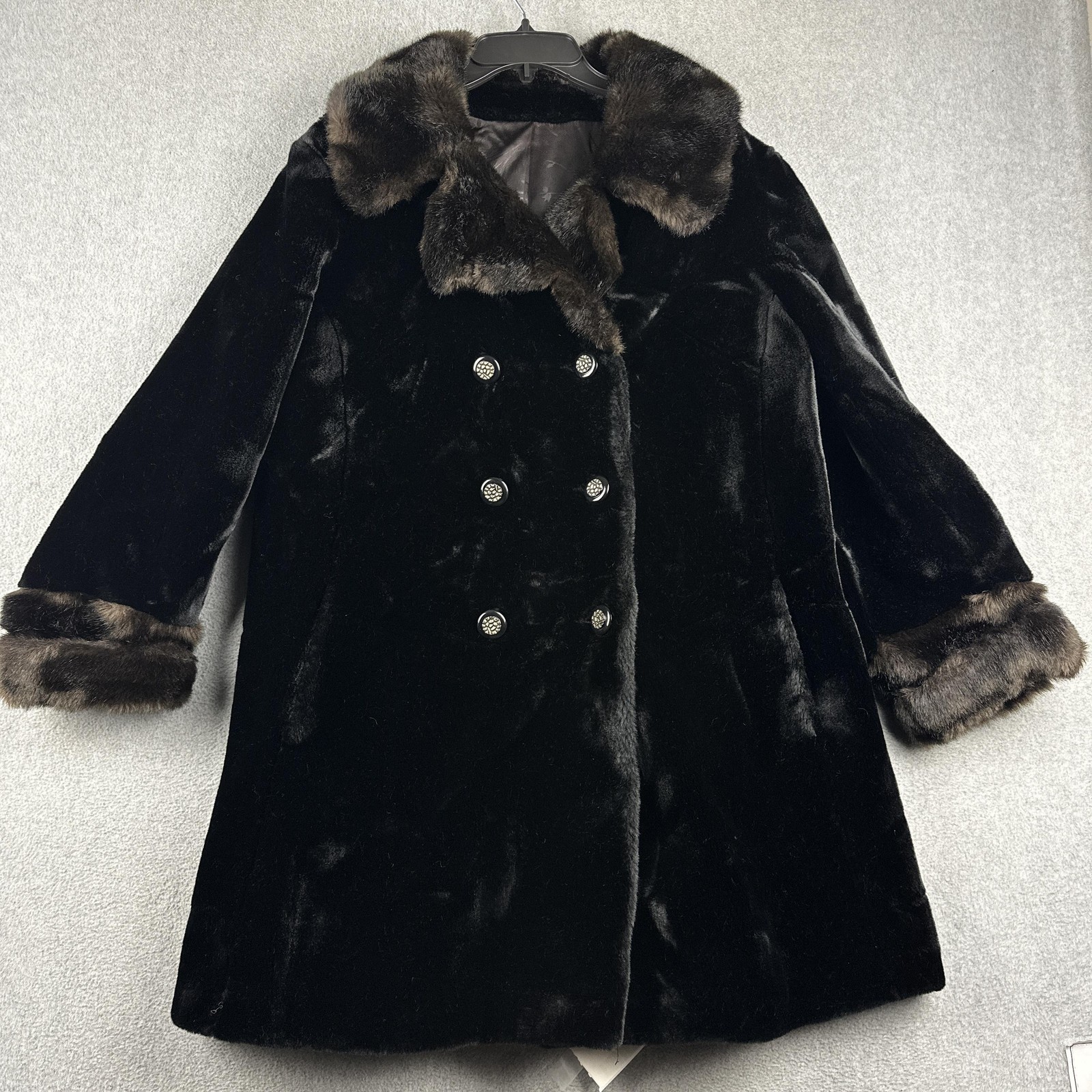 Vintage Borgazia Coat Womens 16 Black Faux Fur Overcoat Fur Trim Retro Mob Wife