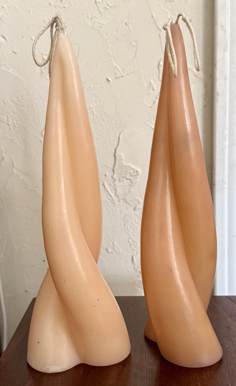 Vintage Hand Poured Spiral Twist Candles Pair Nude Beige Pink Hand Tied Wicks