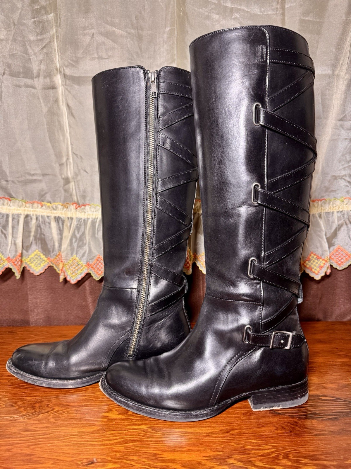 Frye Jordan Strappy Tall Boots Women’s 7M Black Leather Riding Moto Made Mexico