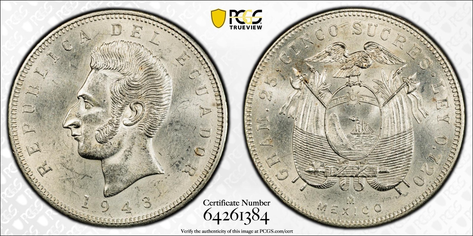 1943-Mo Ecuador 5 Sucres PCGS MS62 Silver .720 KM-79 Mint State Graded Certified