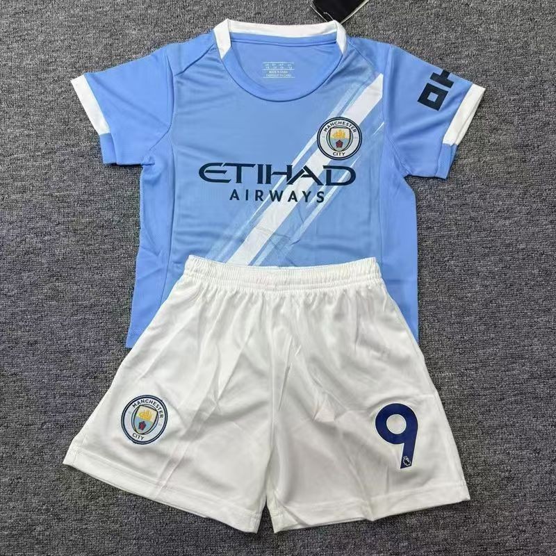Youth Kid Haaland #9 Manchester City Sky Blue Soccer Jersey Shorts Set 4-30