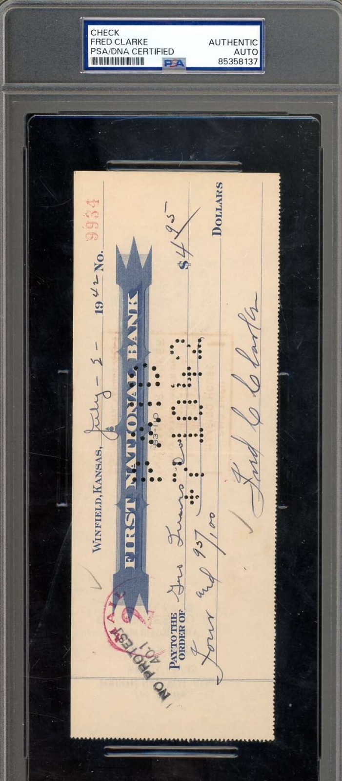 Fred Clarke PSA DNA Coa Signed 1942 Personal Check Autograph Fred Clarke PSA DNA Coa Signed 1942 Personal Check Autograph