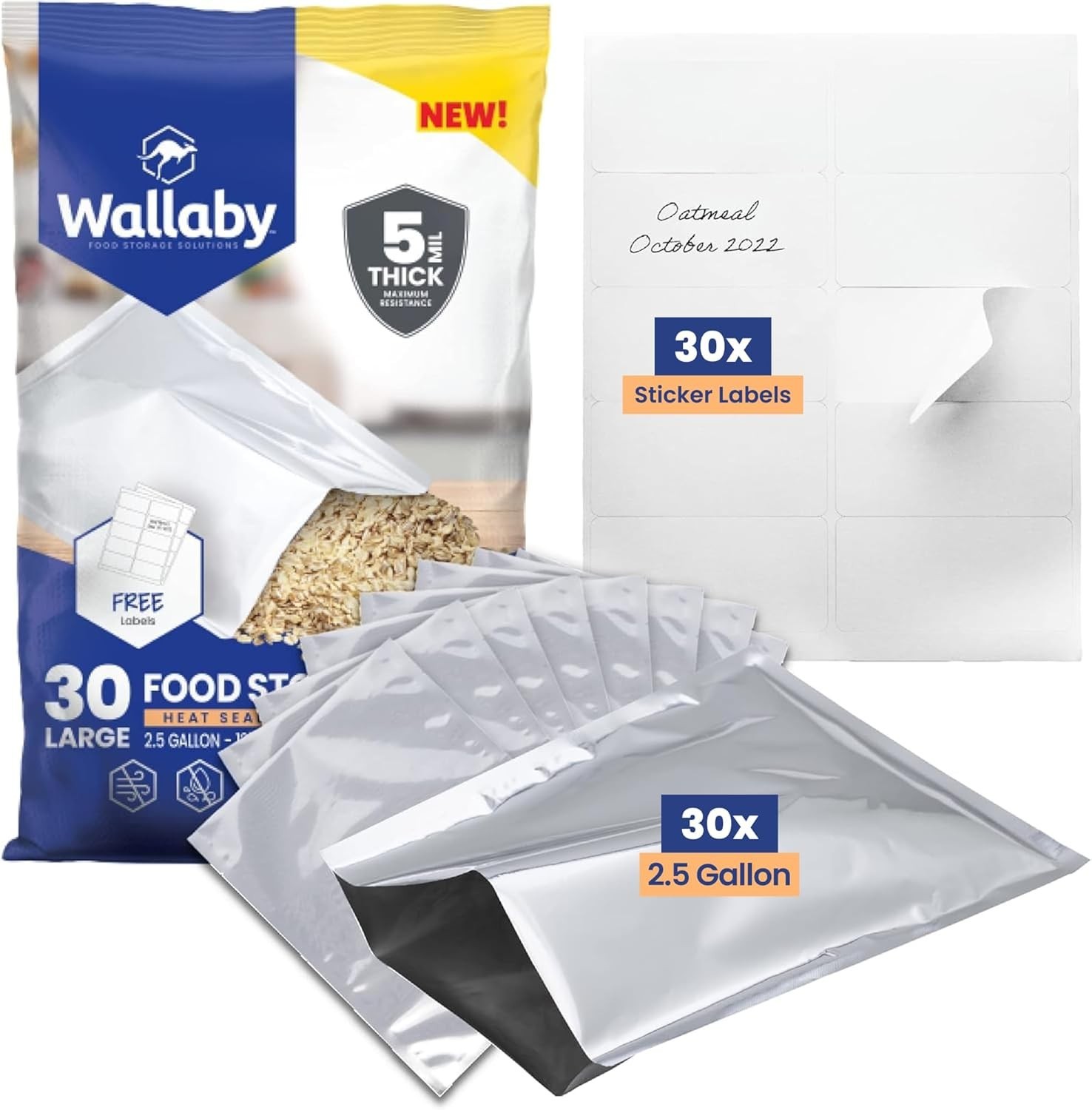Wallaby 30ct 2.5 Gallon Mylar Bags 5 Mil Heat Seal Food Storage w/ Labels