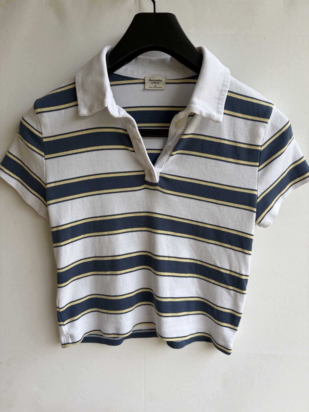 VTG Y2K Abercrombie & Fitch Striped Crop Polo Shirt Medium Blue White Yellow