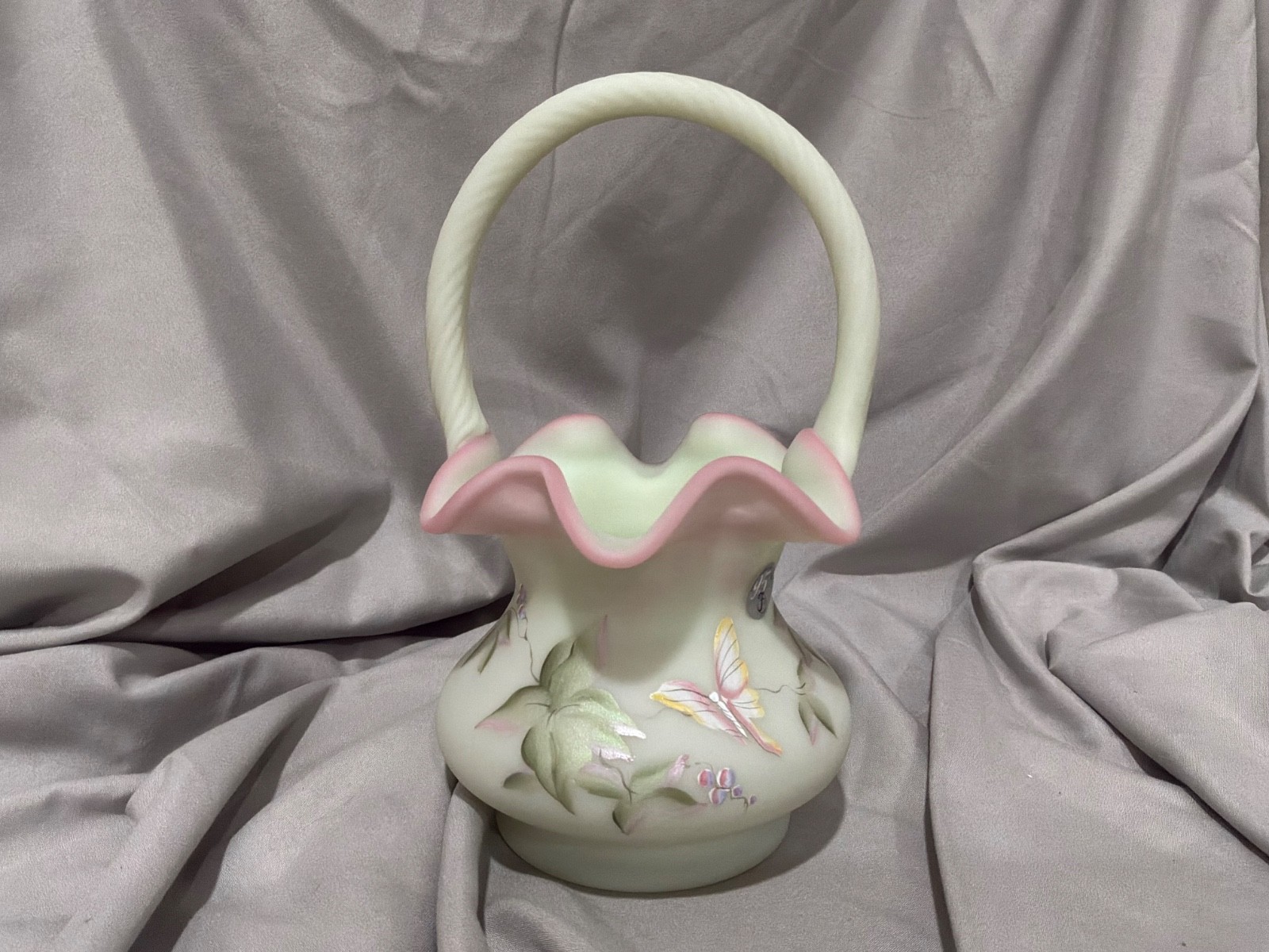 Fenton Lotus Mist Burmese Basket w/ Butterfly - 2000 Historic Collection - Box Fenton Lotus Mist Burmese Basket w/ Butterfly - 2000 Historic Collection - Box