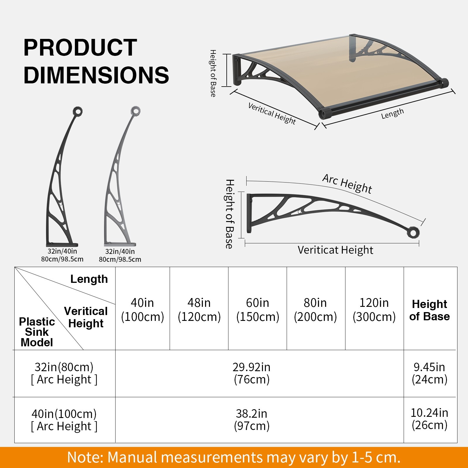 Solid Polycarbonate Window Awning Door Canopy 32/40/48/60/80
