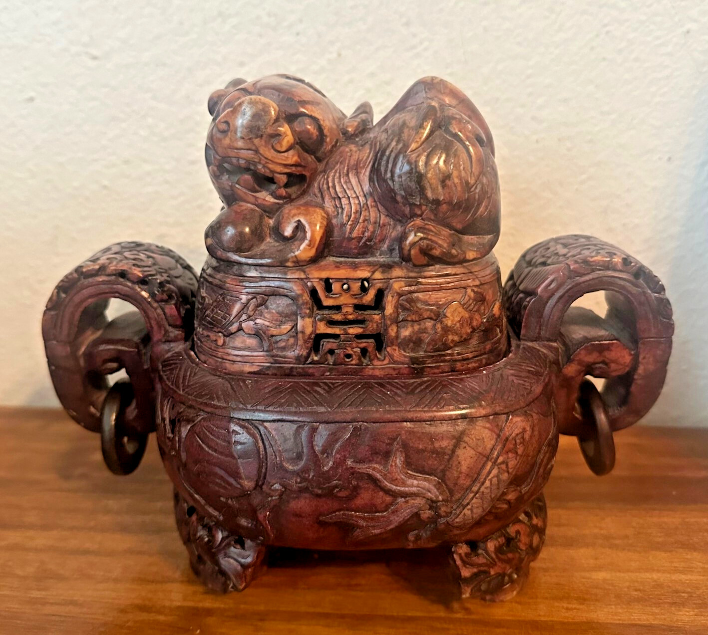 Antique Vintage Chinese Carved Dragon Foo Dog Incense Burner Censer - HEAVY Antique Vintage Chinese Carved Dragon Foo Dog Incense Burner Censer - HEAVY