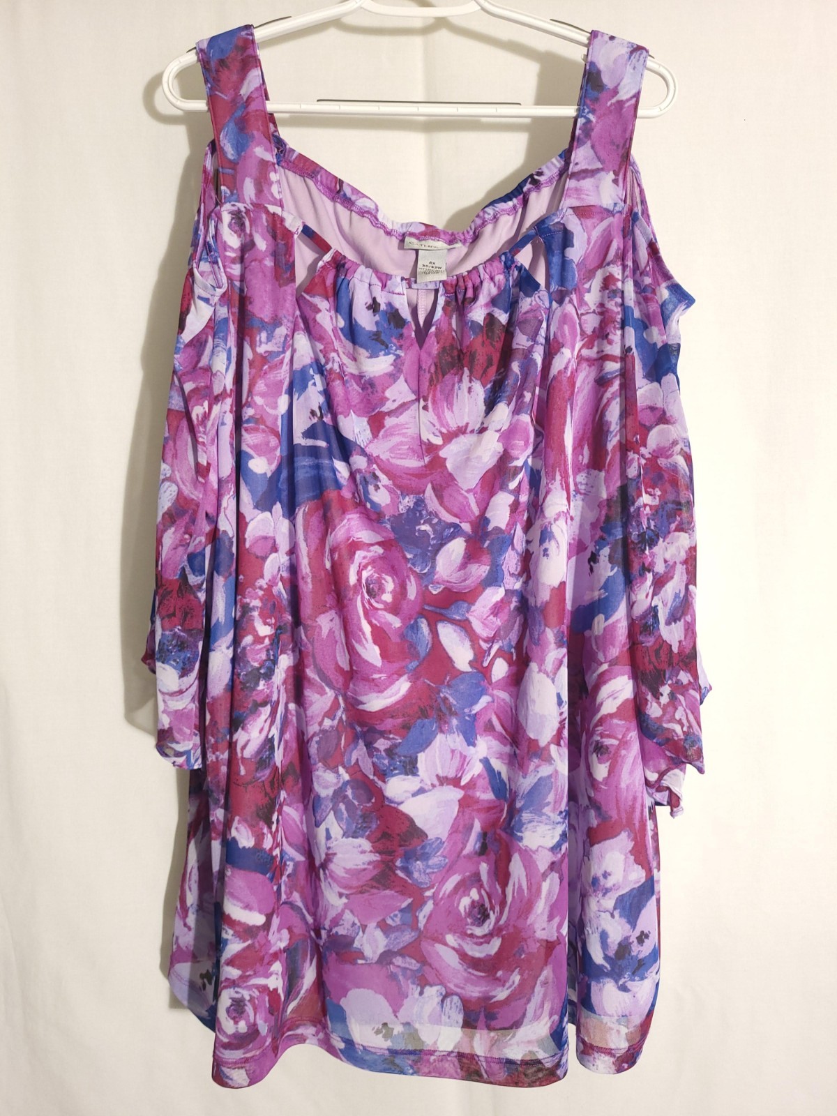Catherines-Purple Lavender Floral Semi-Sheer Lined Cold Shoulder Knit Top-4X