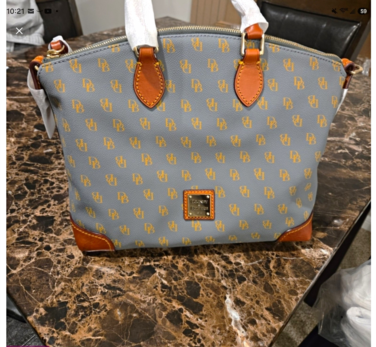 Dooney & Bourke Blue Monogram Zip Satchel Top Handle Bag Gold Hardware Studs Dooney & Bourke Blue Monogram Zip Satchel Top Handle Bag Gold Hardware Studs