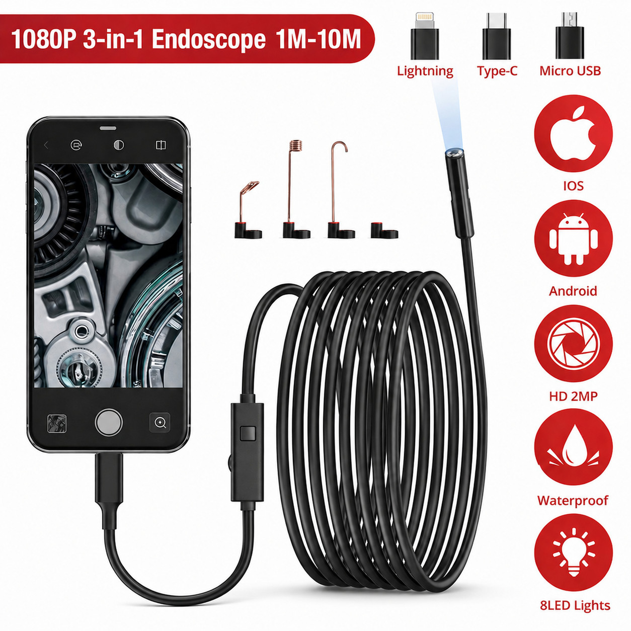 1920P HD Endoscope Borescope 8mm Inspection Snake Camera for iPhone Android iOS