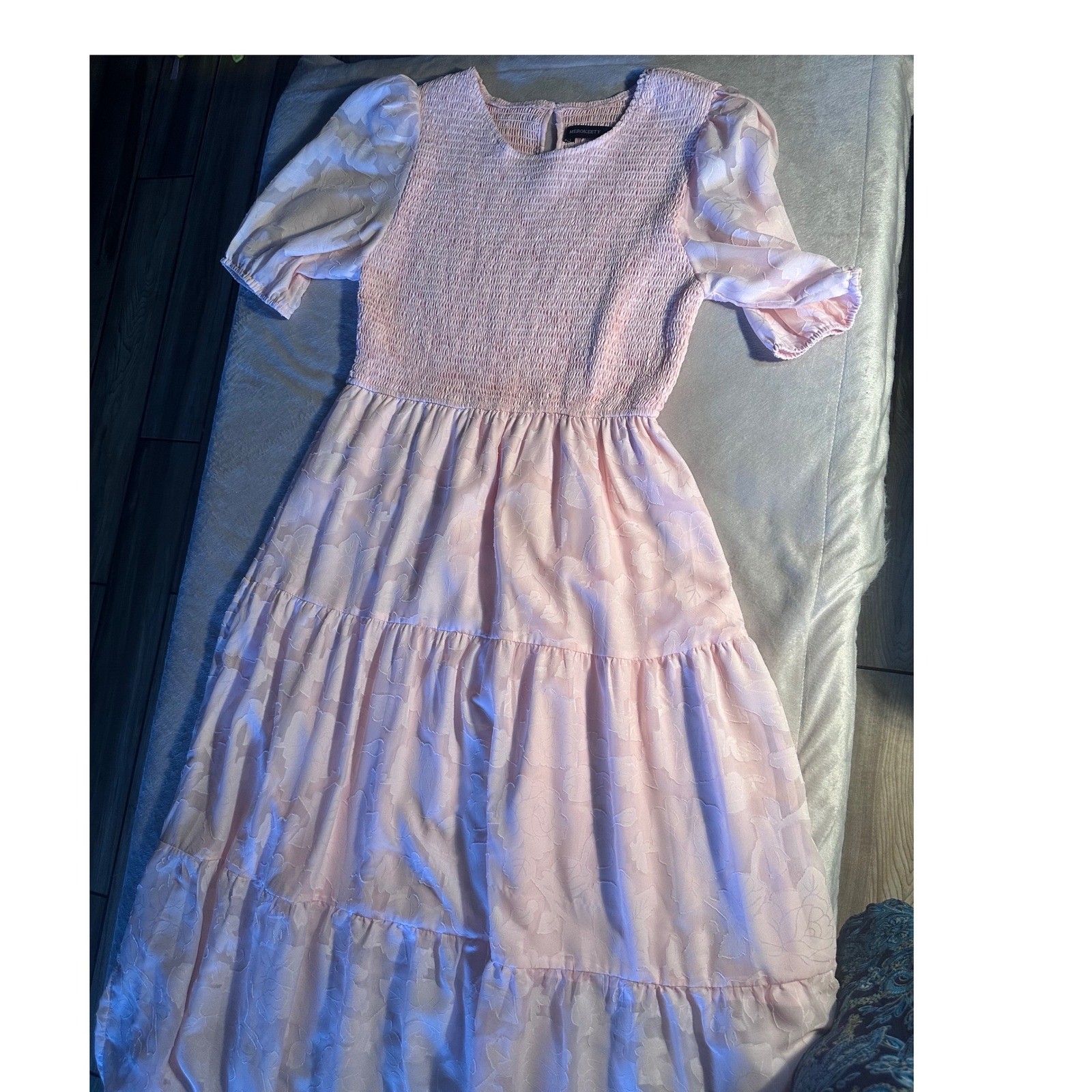 Merokeety Pink Smocked Midi Dress Floral Jacquard Puff Sleeve Tiered Large