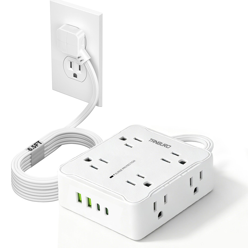 Flat Plug Power Strip with 8 Outlet Long Extension Cord USB Port Surge Protector