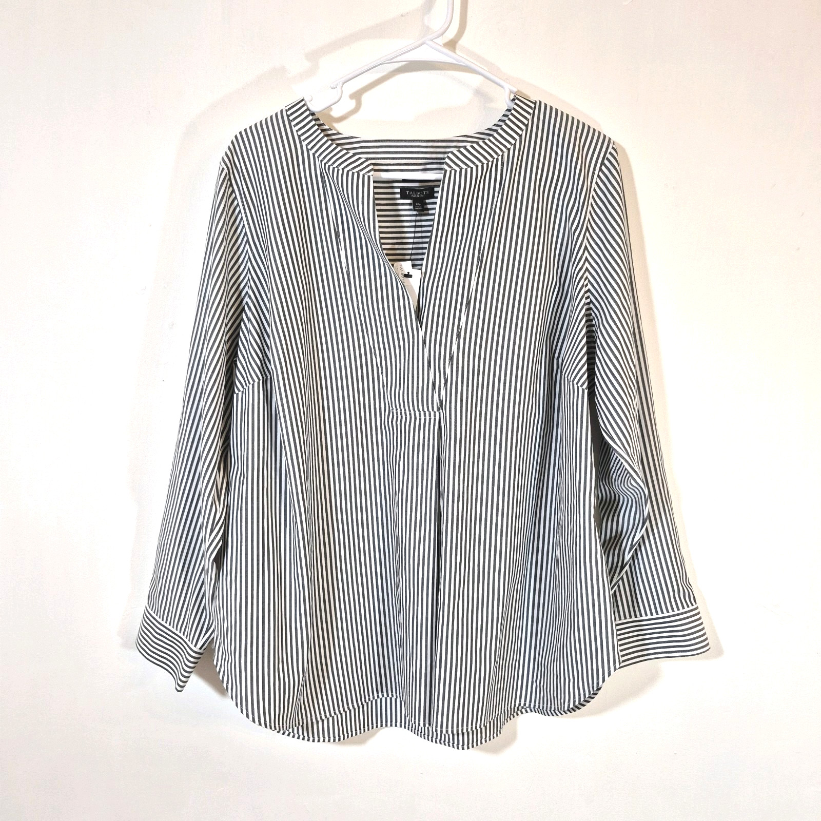 Talbots NWT Womens Non-Iron Top Popover Shirt Size 1X Petite Striped Black White
