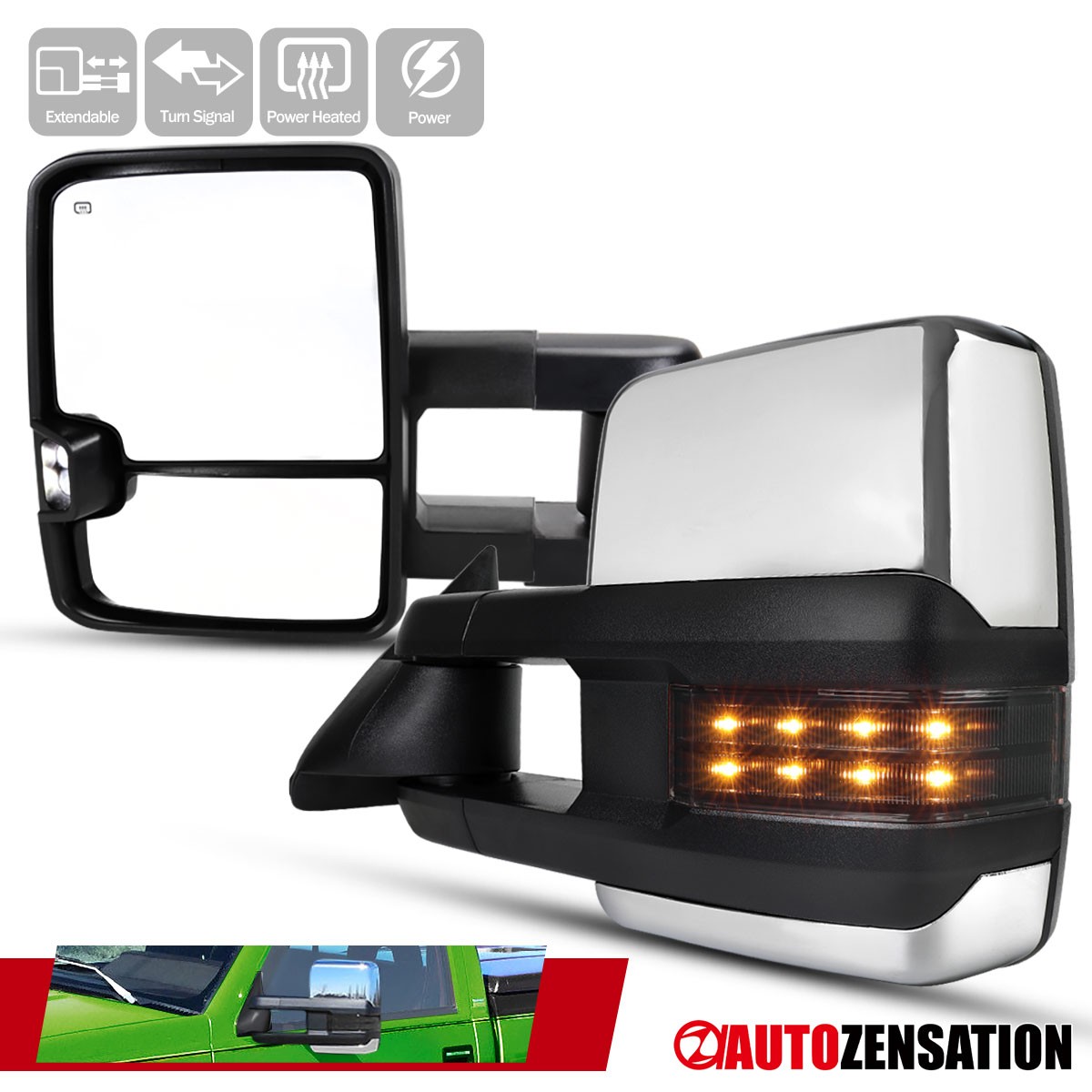 Fit 1999-2002 Silverado Sierra Chrome Power Heated Tow Mirrors+Smoke LED Signal
