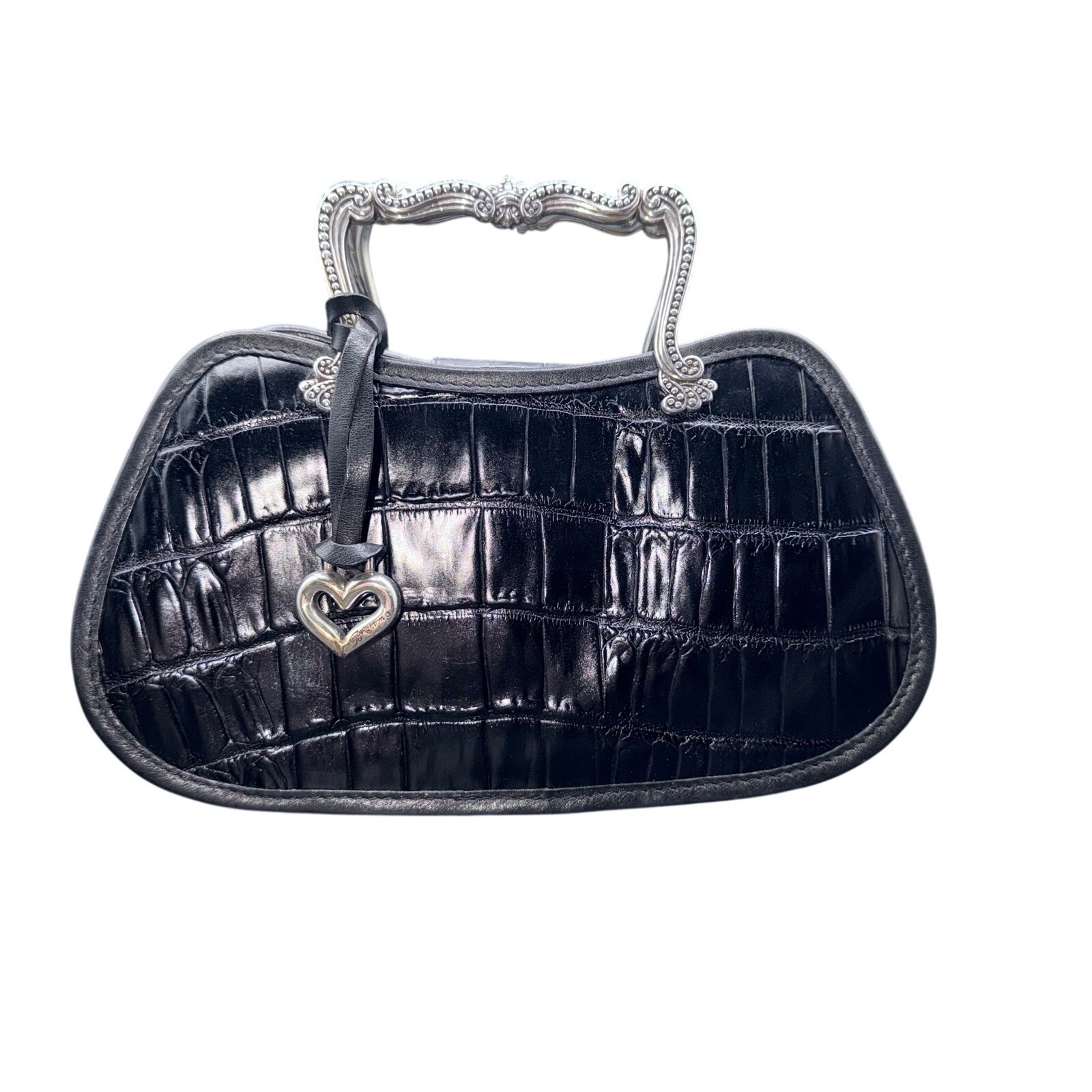 Brighton Black Croc Embossed Leather Mini Handbag Silver Frame Purse