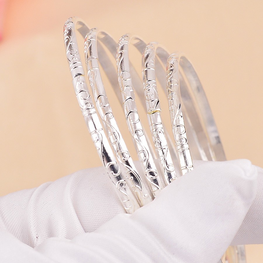 5Pcs 925 Silver Plated Pattern Bracelet Fashion Stacked Band Women\'s Bracelet