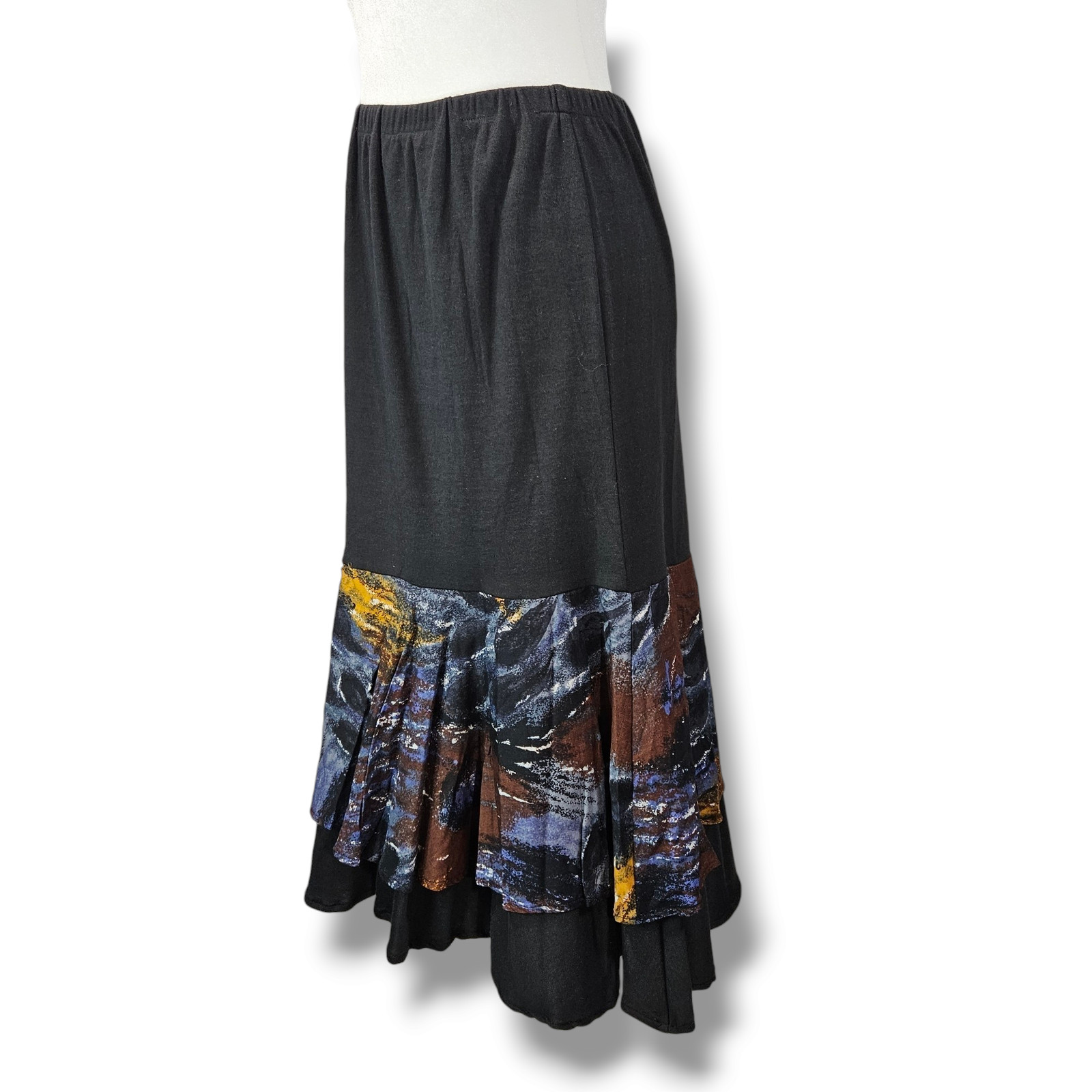 EUC VTG Southwestern Abstract Art Bohemian Layered Midi Skirt Sz. XL Black