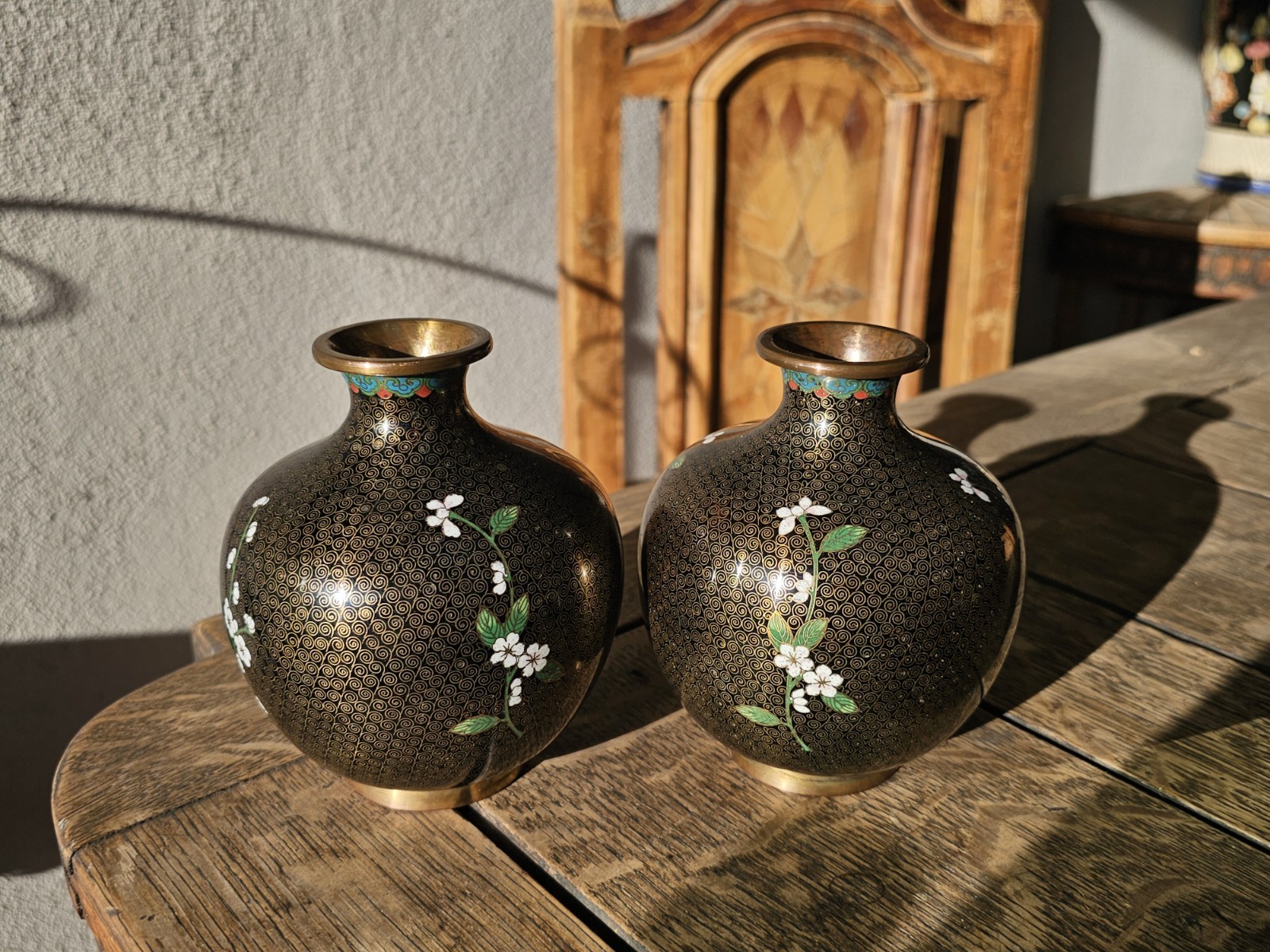 Chinese Cloisonne Vase Pair Highly Polished Tight Design Cherry Blossoms China Chinese Cloisonne Vase Pair Highly Polished Tight Design Cherry Blossoms China