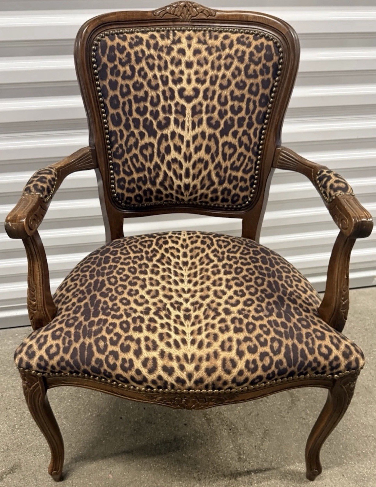 Vintage French Louis XV Style Carved Walnut Leopard Upholstered Fauteuil Chair