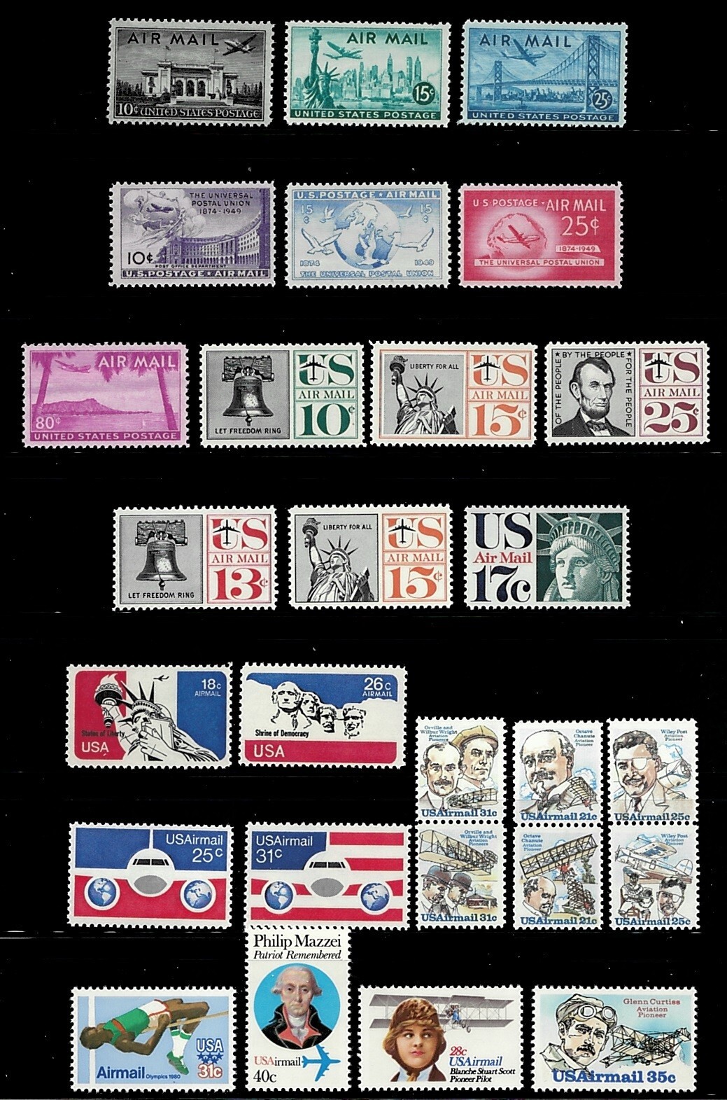 US SELECTION VINTAGE AIRMAIL POSTAGE STAMP 27 DIFFERENT MNH