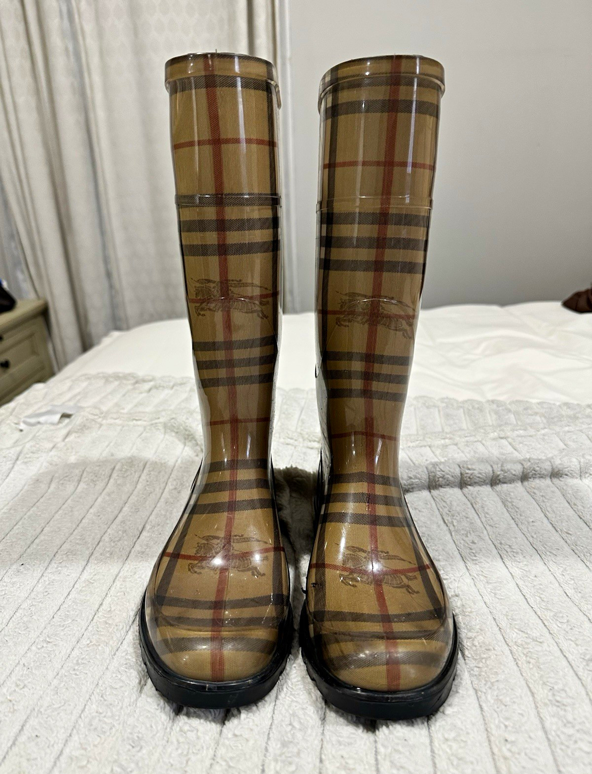 Burberry Check Knee High Pull-On Rubber Rain Boots US 6 Beige Logo