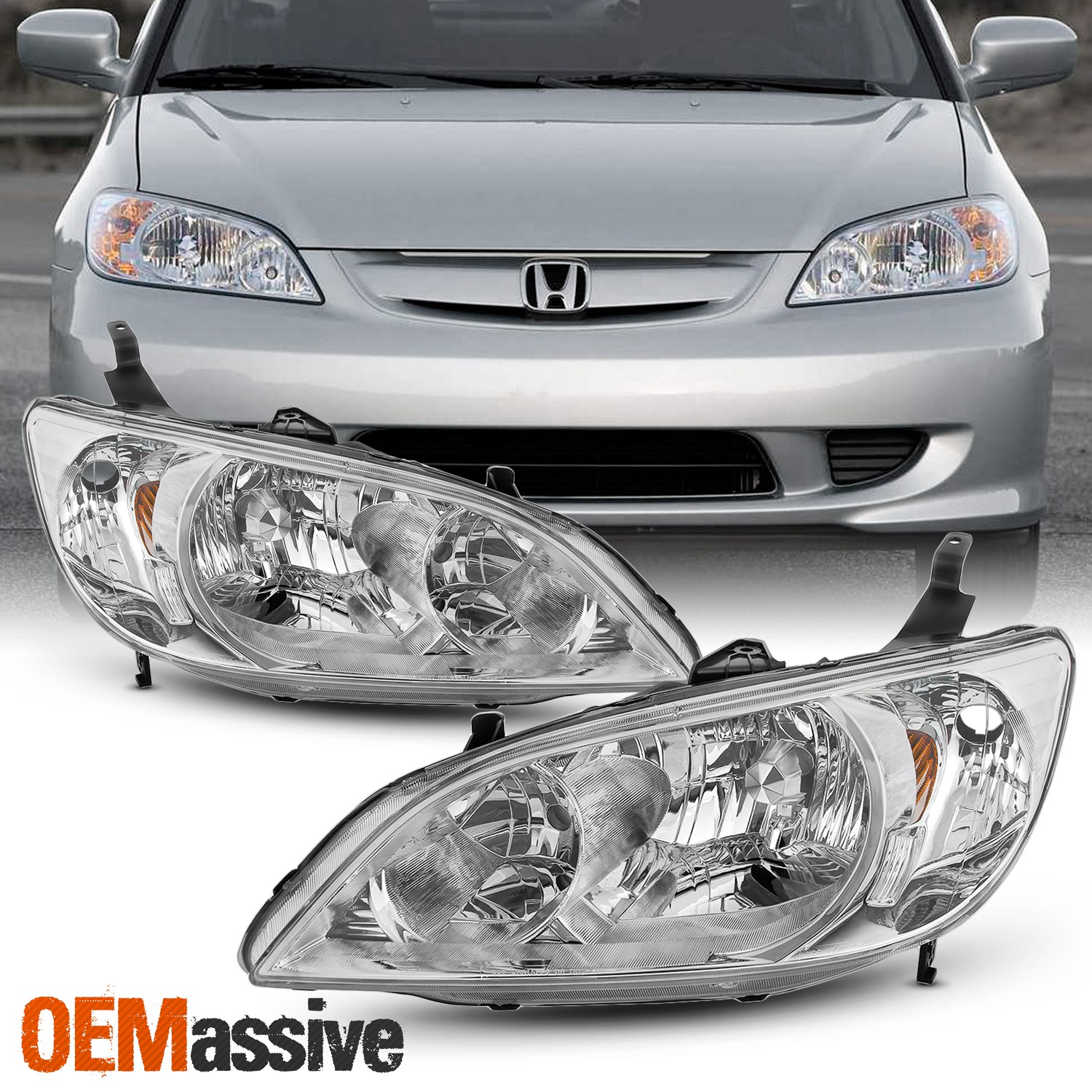 Fits 2004 2005 Honda Civic Left + Right Side Headlights Front Lamps Pair 04 05