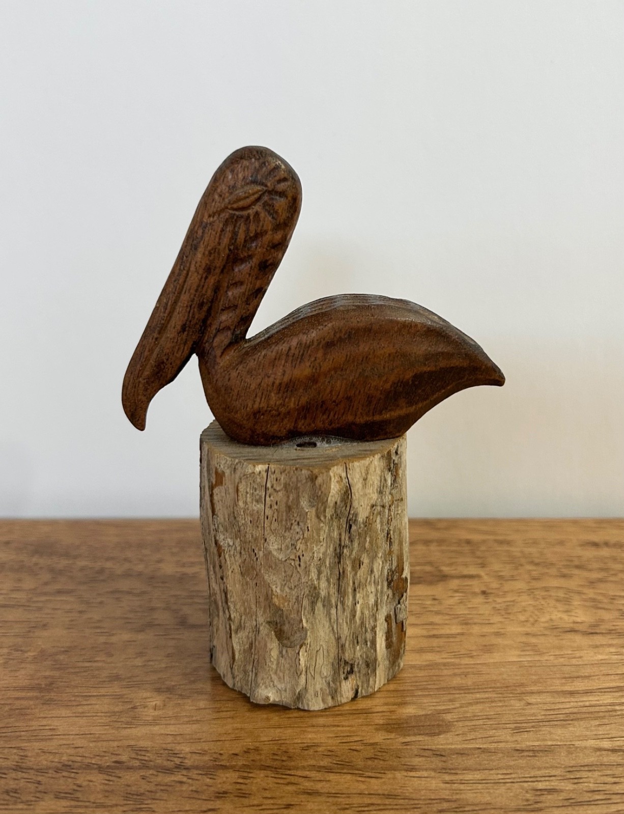 Vintage Folk Rustic Wooden Pelican Sitting on Wood Sculpture
