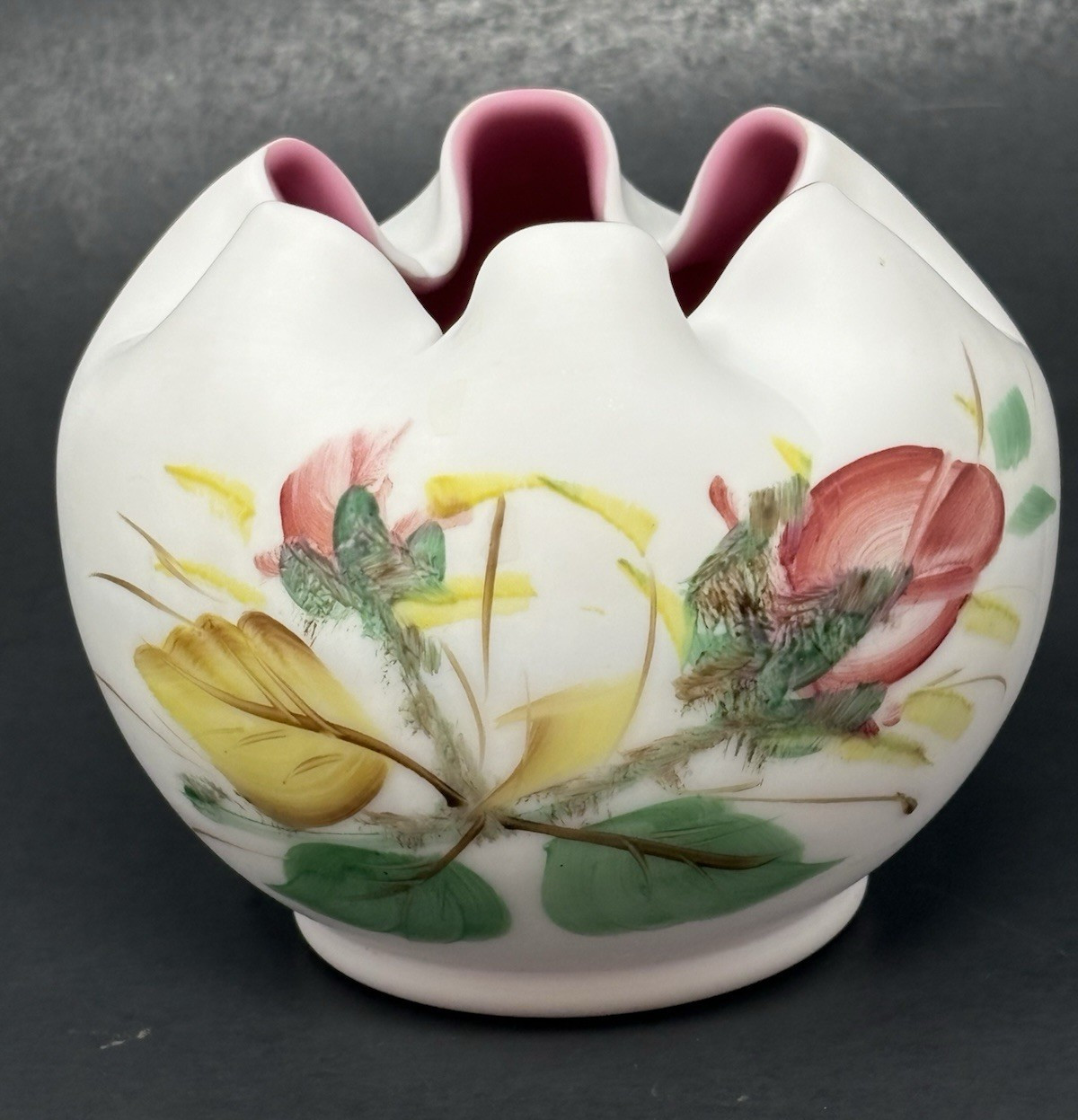 Vintage Fenton LG Wright Peach Blow Moss Rose Glass Rose Bowl Satin Hand Painted